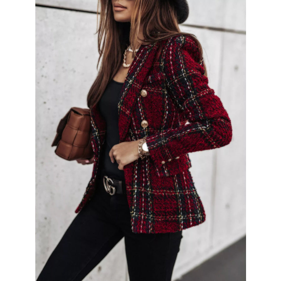 Full Size Plaid Tweed Double-Breasted Blazer Plus Burgundy / S Apparel and Accessories