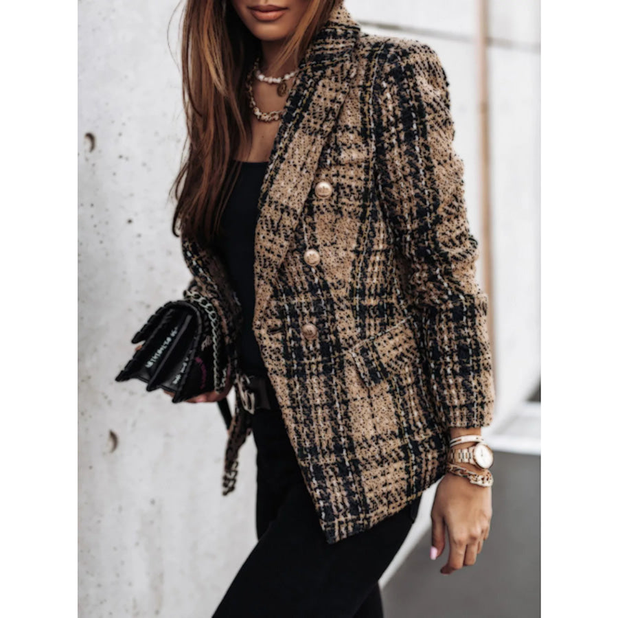 Full Size Plaid Tweed Double-Breasted Blazer Plus Camel / S Apparel and Accessories