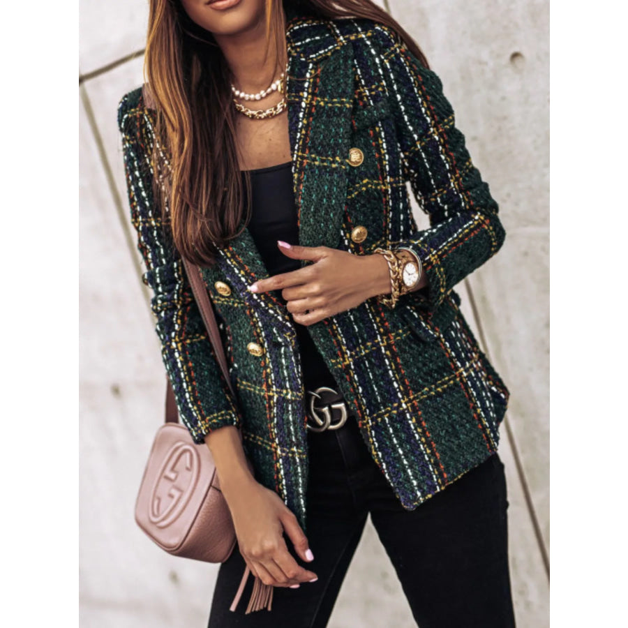 Full Size Plaid Tweed Double-Breasted Blazer Plus Size Dark Green / S Apparel and Accessories