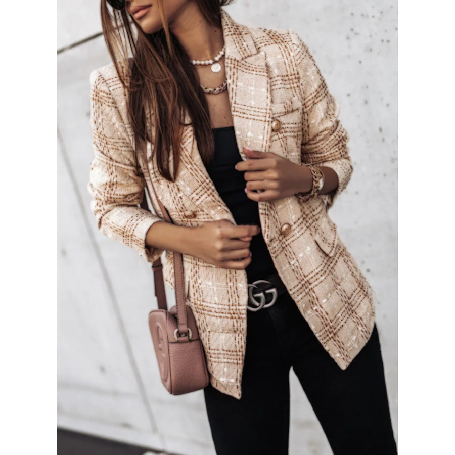 Full Size Plaid Tweed Double-Breasted Blazer Plus Tan / S Apparel and Accessories