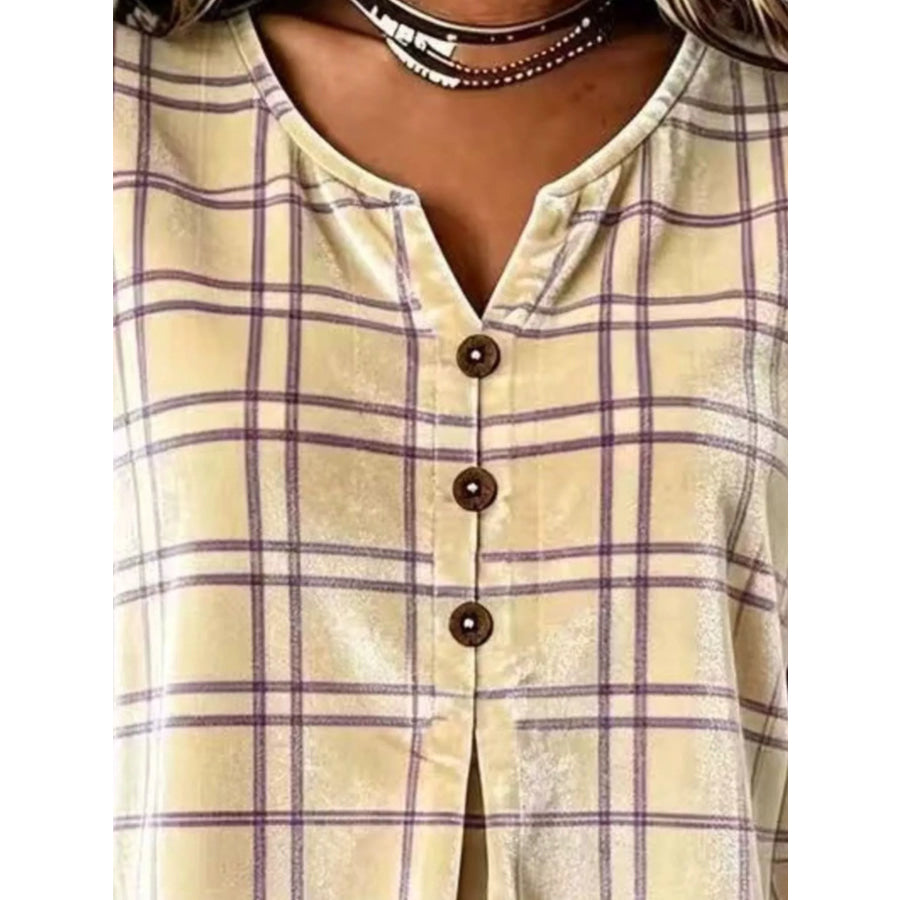 Full Size Plaid Velvet Flounce Sleeve Blouse Plus Size Pastel Yellow / S Apparel and Accessories