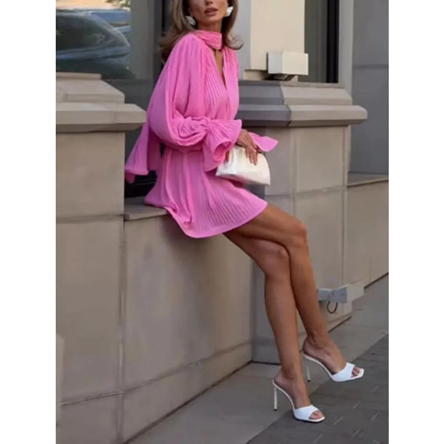 Full Size Pleated Long Sleeve Mini Dress Plus Apparel and Accessories