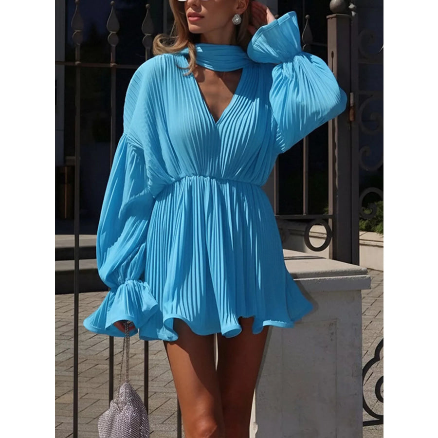 Full Size Pleated Long Sleeve Mini Dress Plus Blue / S Apparel and Accessories