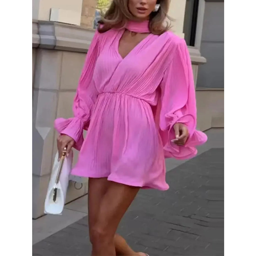 Full Size Pleated Long Sleeve Mini Dress Plus Pink / S Apparel and Accessories