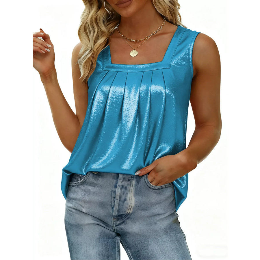 Full Size Pleated Square Neck Tank Plus Size Sky Blue / S Apparel and Accessories