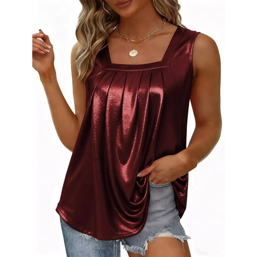 Full Size Pleated Square Neck Tank Plus Size Wine Red / S Apparel and Accessories