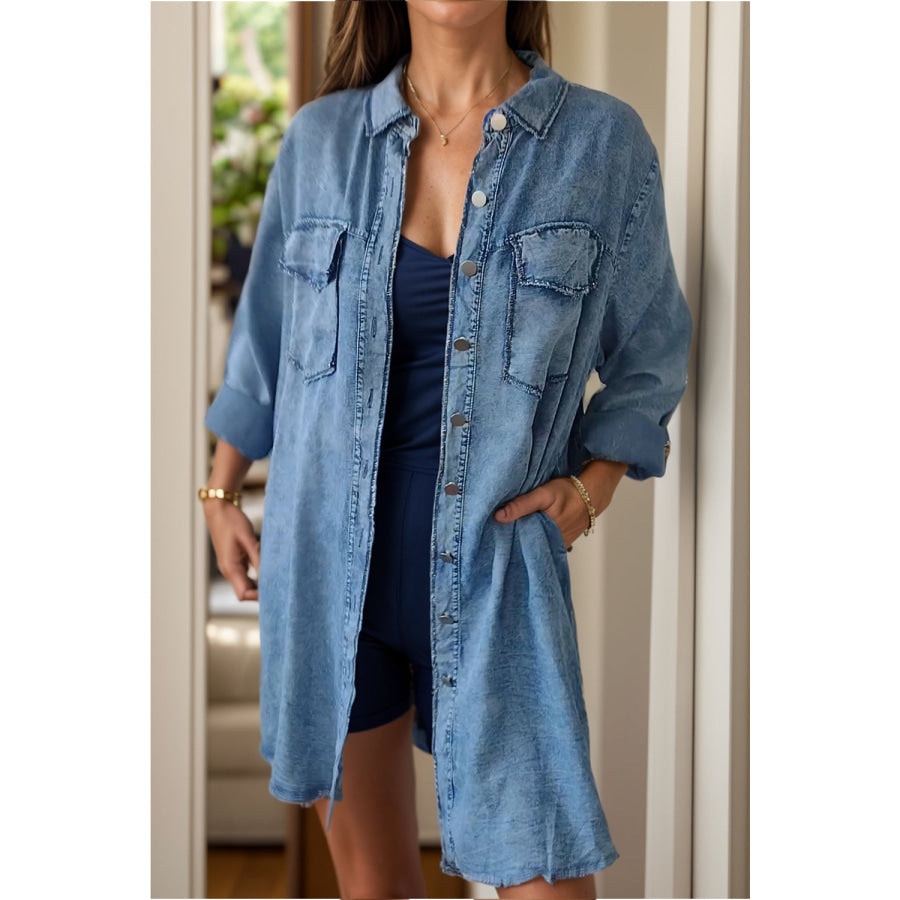 Full Size Pocketed Button Up Long Sleeve Denim Jacket Apparel and Accessories