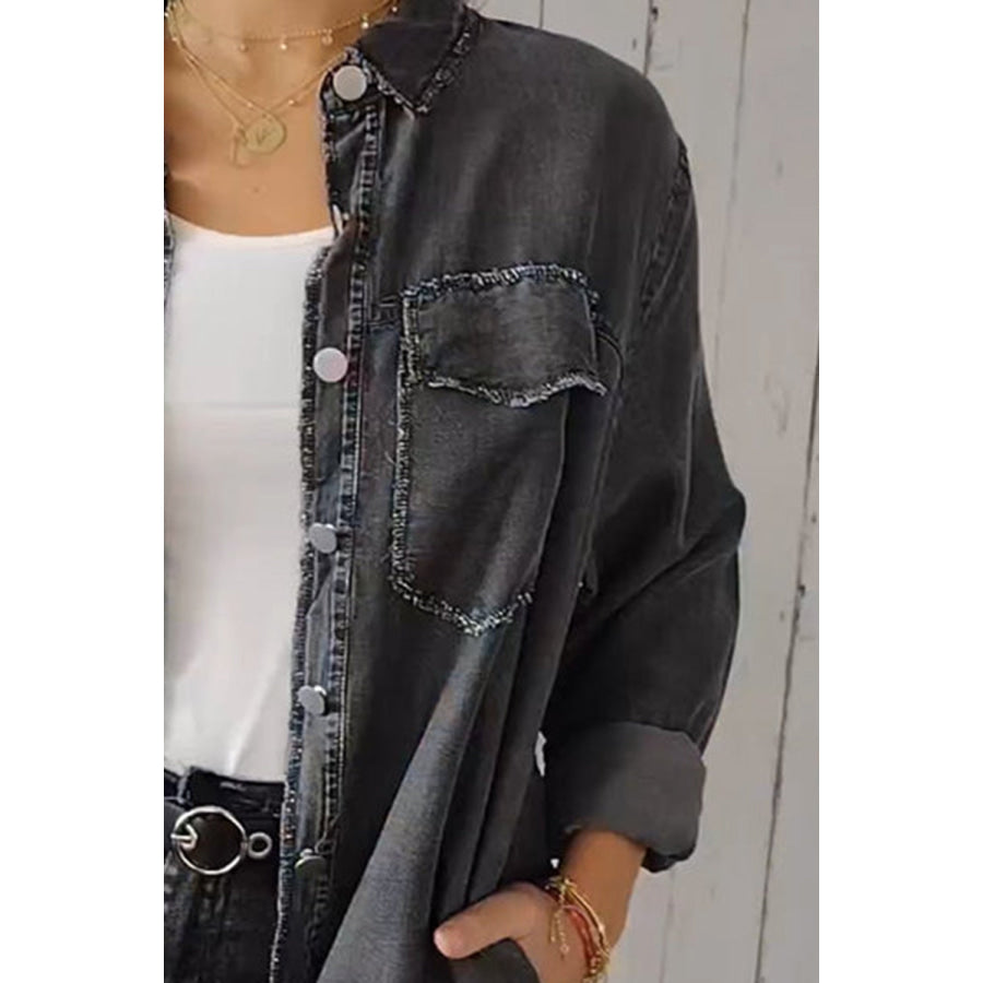 Full Size Pocketed Button Up Long Sleeve Denim Jacket Apparel and Accessories