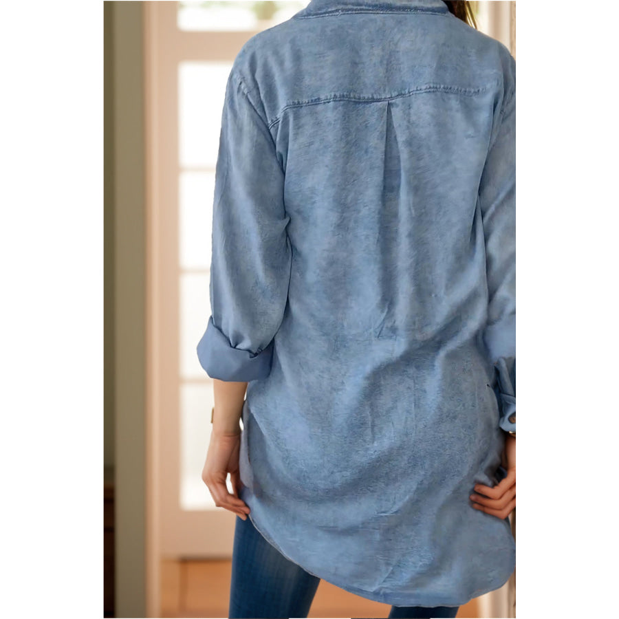 Full Size Pocketed Button Up Long Sleeve Denim Jacket Apparel and Accessories