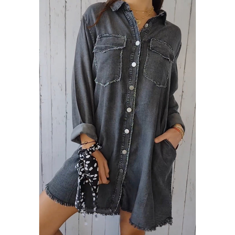 Full Size Pocketed Button Up Long Sleeve Denim Jacket Apparel and Accessories