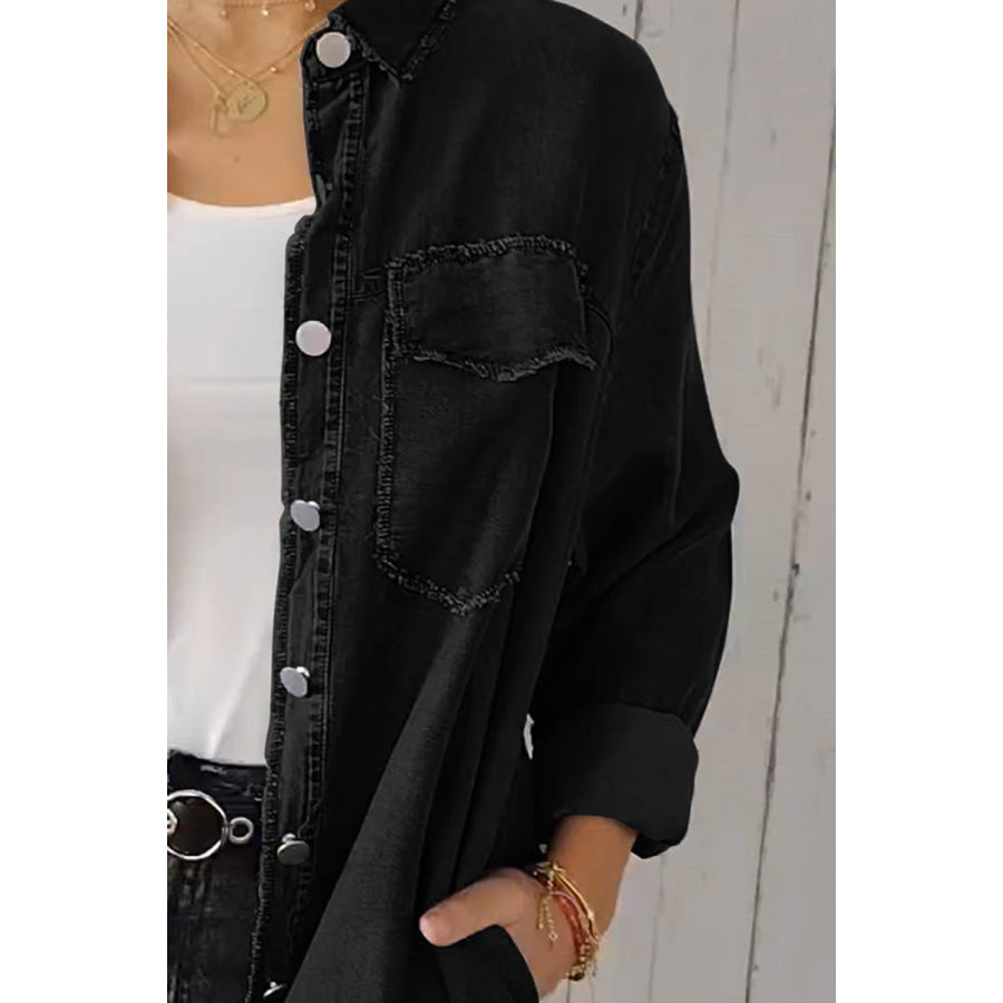 Full Size Pocketed Button Up Long Sleeve Denim Jacket Apparel and Accessories