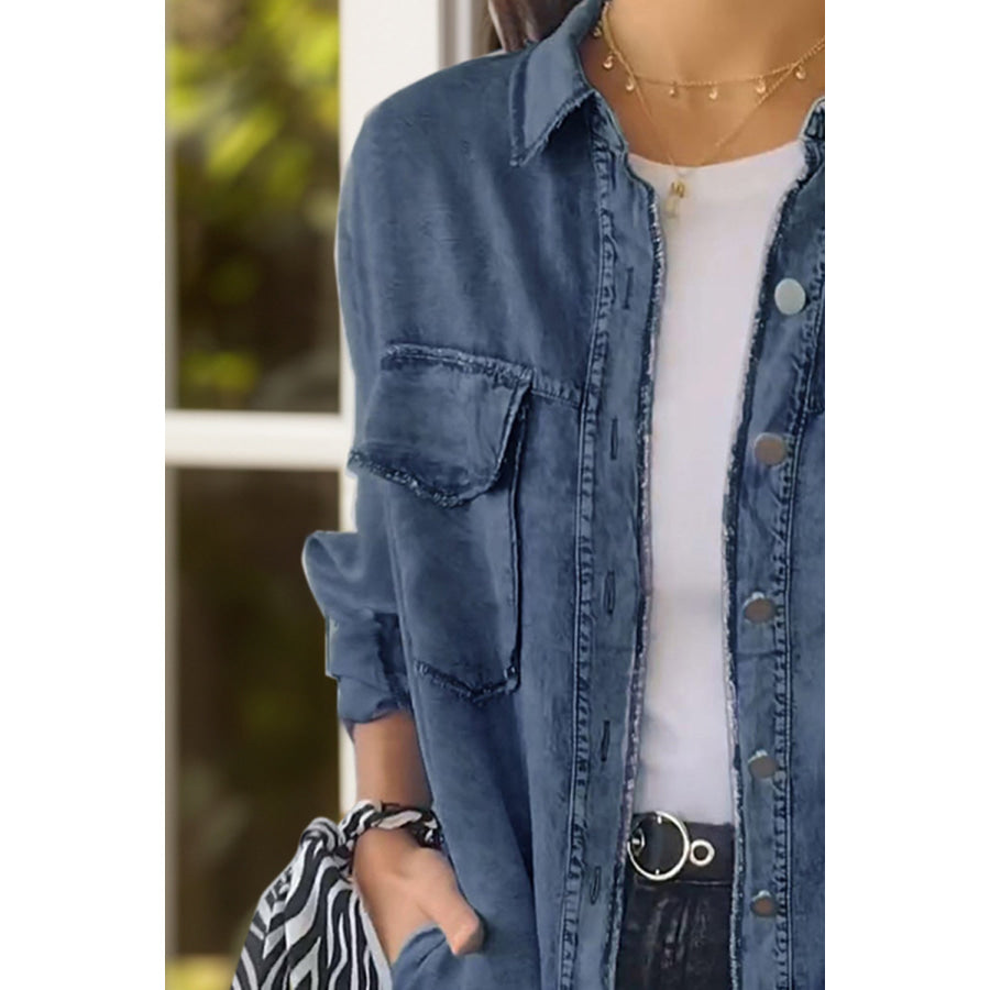 Full Size Pocketed Button Up Long Sleeve Denim Jacket Apparel and Accessories