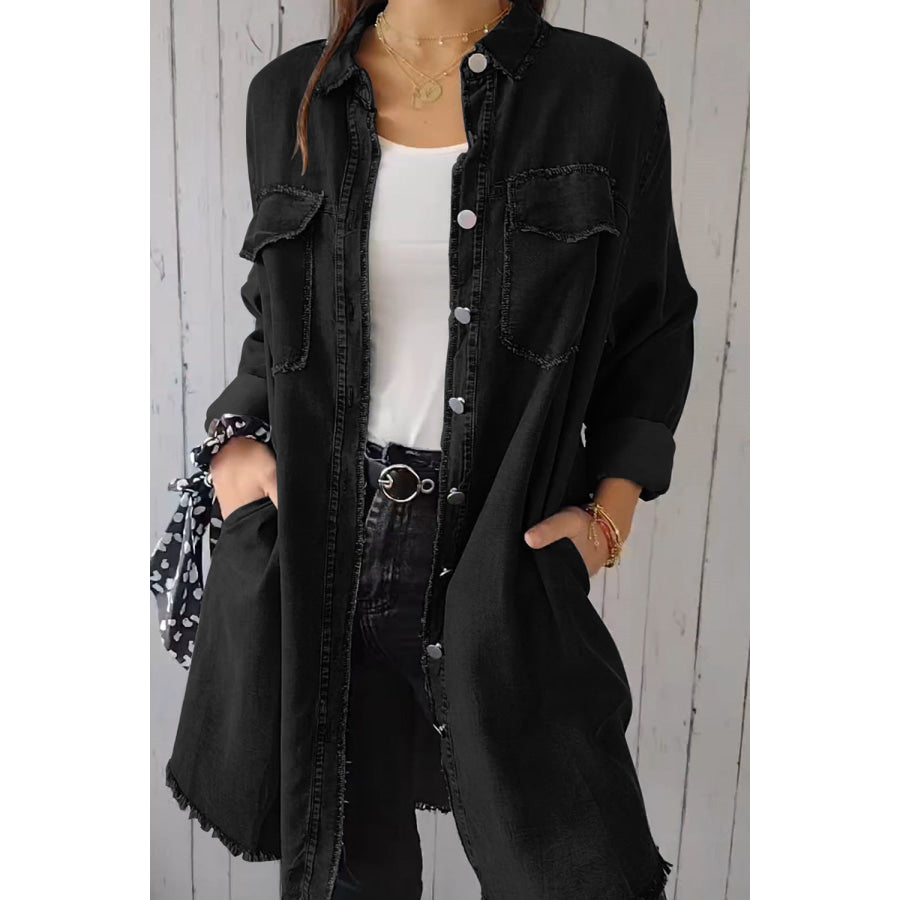 Full Size Pocketed Button Up Long Sleeve Denim Jacket Black / S Apparel and Accessories