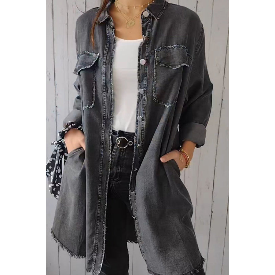 Full Size Pocketed Button Up Long Sleeve Denim Jacket Dark Gray / S Apparel and Accessories