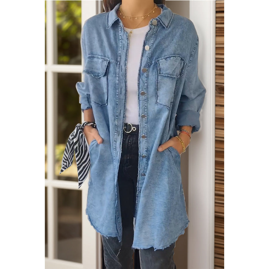 Full Size Pocketed Button Up Long Sleeve Denim Jacket Light Blue / S Apparel and Accessories