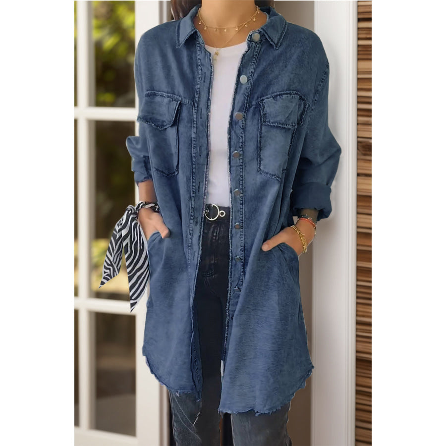 Full Size Pocketed Button Up Long Sleeve Denim Jacket Navy / S Apparel and Accessories