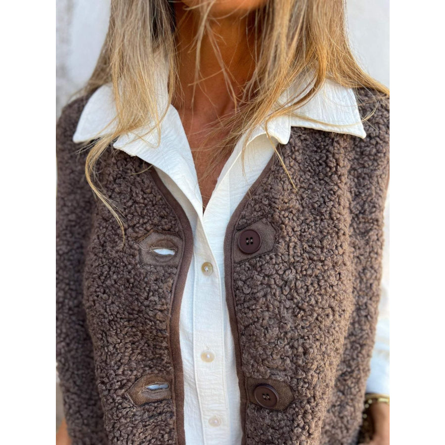 Full Size Pocketed Button Up V-Neck Sherpa Vest Apparel and Accessories