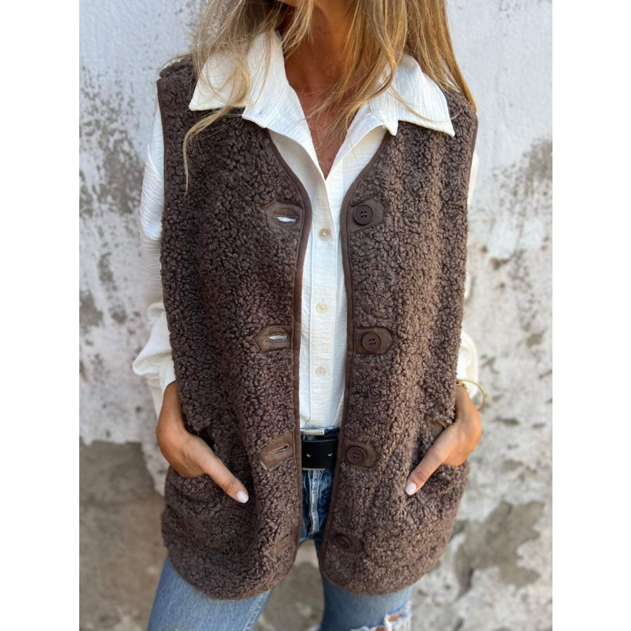 Full Size Pocketed Button Up V-Neck Sherpa Vest Coffee Brown / S Apparel and Accessories