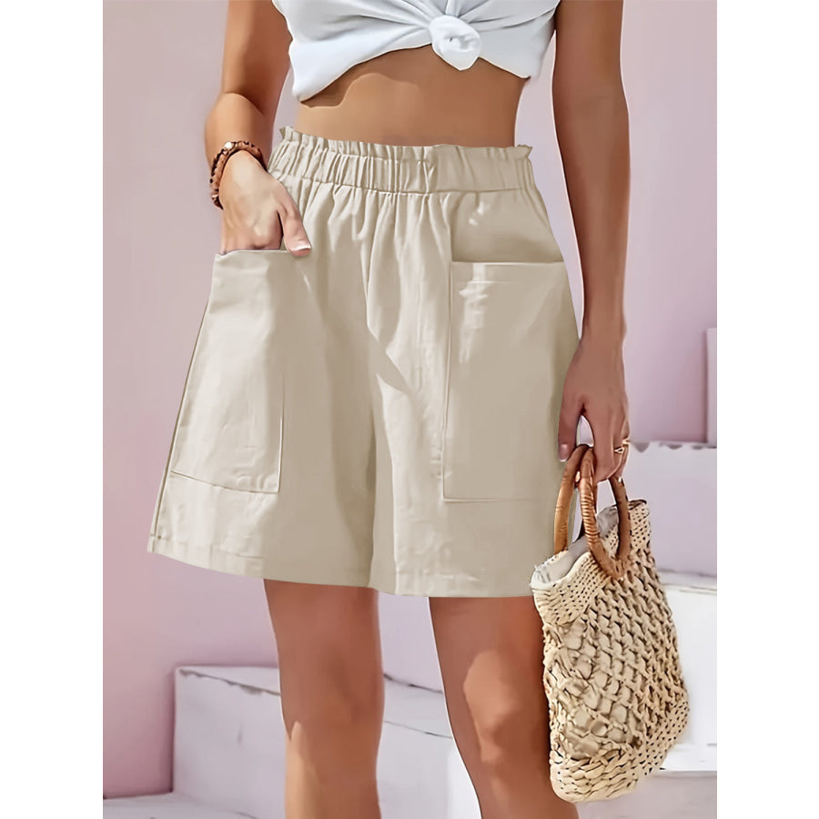 Full Size Pocketed Elastic Waist Shorts Beige / S Apparel and Accessories