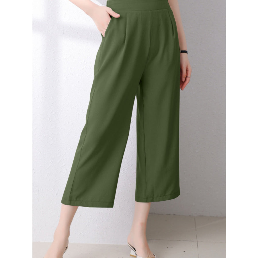 Full Size Pocketed Half Elastic Waist Pants Moss / S Apparel and Accessories