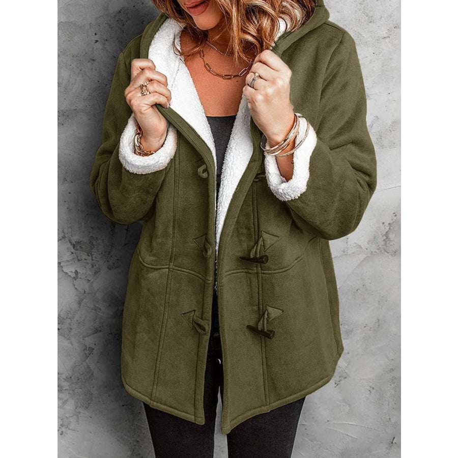 Full Size Pocketed Long Sleeve Hooded Toggle Jacket Army Green / S Apparel and Accessories