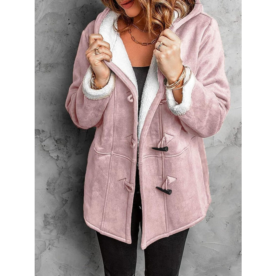 Full Size Pocketed Long Sleeve Hooded Toggle Jacket Blush Pink / S Apparel and Accessories