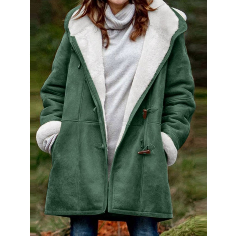 Full Size Pocketed Long Sleeve Hooded Toggle Jacket Dark Green / S Apparel and Accessories