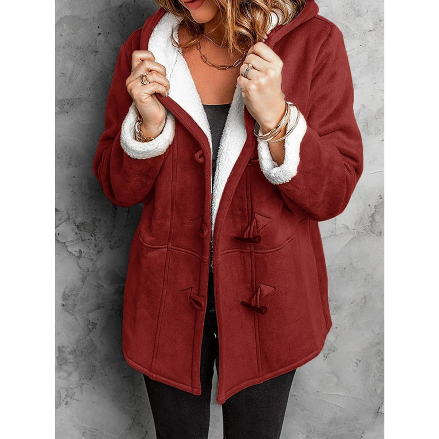 Full Size Pocketed Long Sleeve Hooded Toggle Jacket Deep Red / S Apparel and Accessories