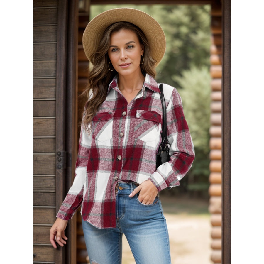 Full Size Pocketed Plaid Collared Neck Shacket Apparel and Accessories