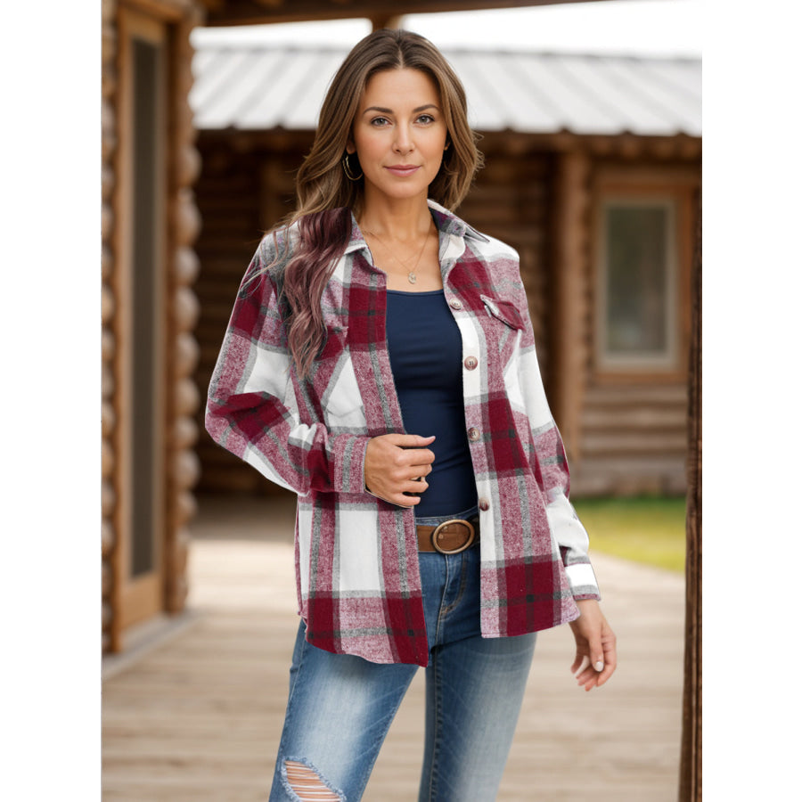 Full Size Pocketed Plaid Collared Neck Shacket Apparel and Accessories