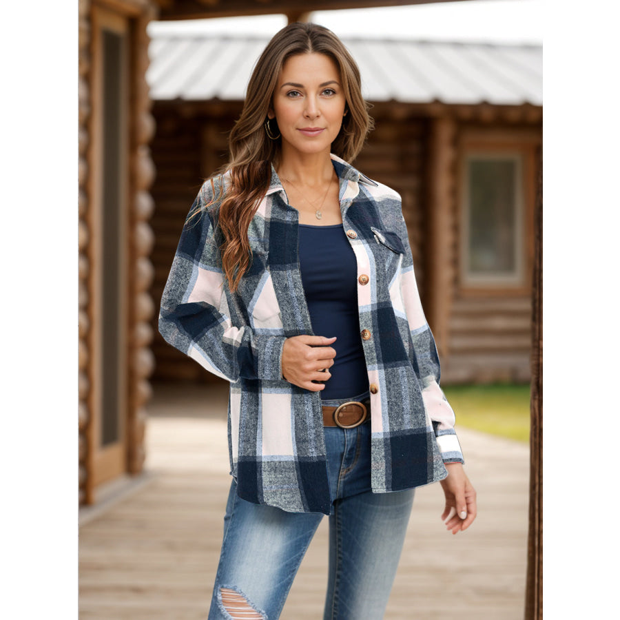 Full Size Pocketed Plaid Collared Neck Shacket Apparel and Accessories