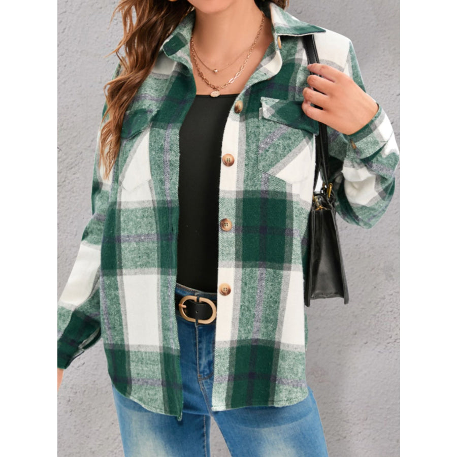 Full Size Pocketed Plaid Collared Neck Shacket Apparel and Accessories