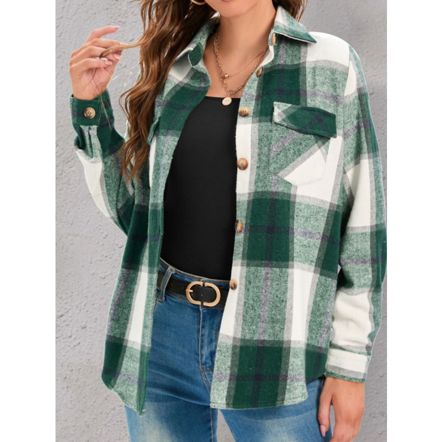 Full Size Pocketed Plaid Collared Neck Shacket Dark Green / S Apparel and Accessories