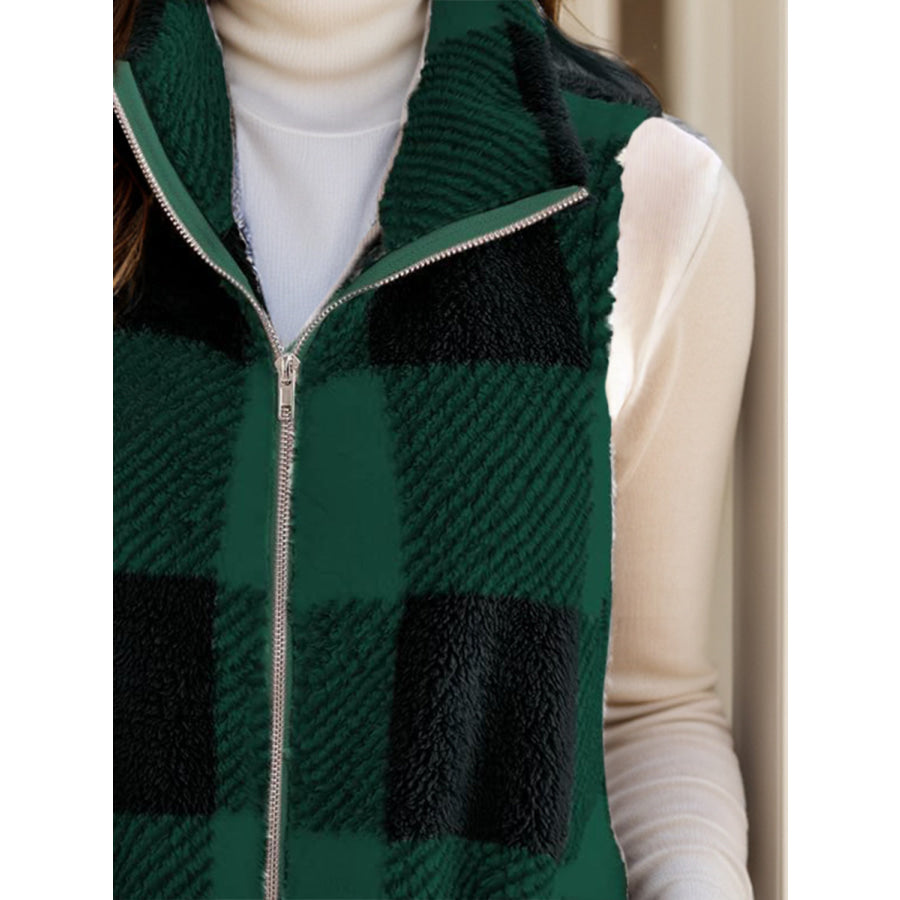 Full Size Pocketed Plaid Vest Coat Apparel and Accessories