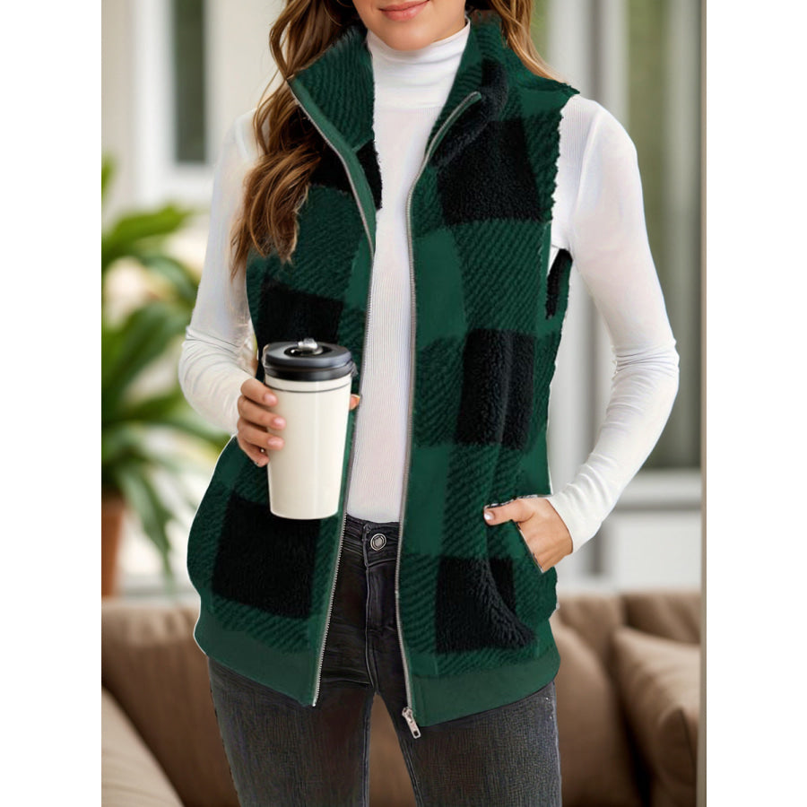 Full Size Pocketed Plaid Vest Coat Dark Green / S Apparel and Accessories