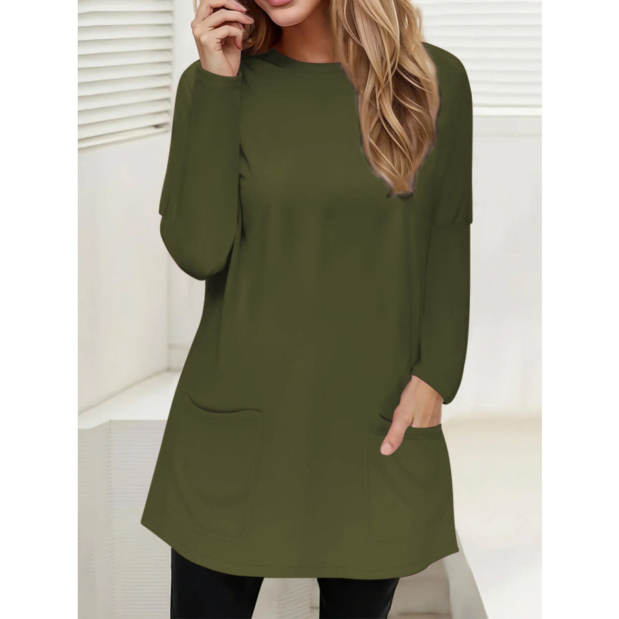 Full Size Pocketed Round Neck Long Sleeve T-Shirt Army Green / S Apparel and Accessories