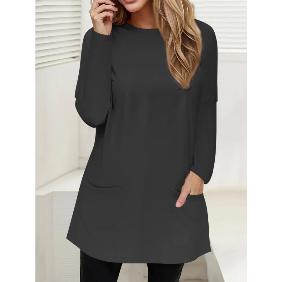 Full Size Pocketed Round Neck Long Sleeve T-Shirt Black / S Apparel and Accessories