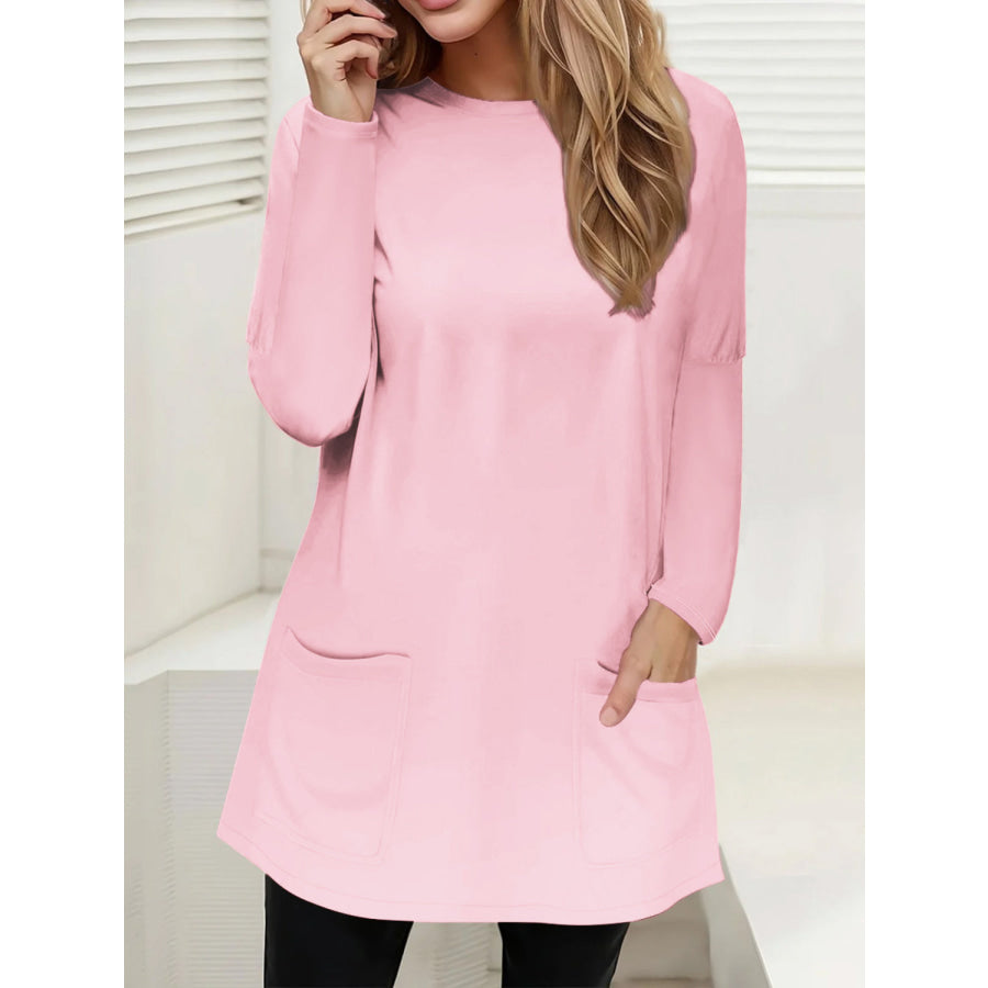 Full Size Pocketed Round Neck Long Sleeve T-Shirt Blush Pink / S Apparel and Accessories