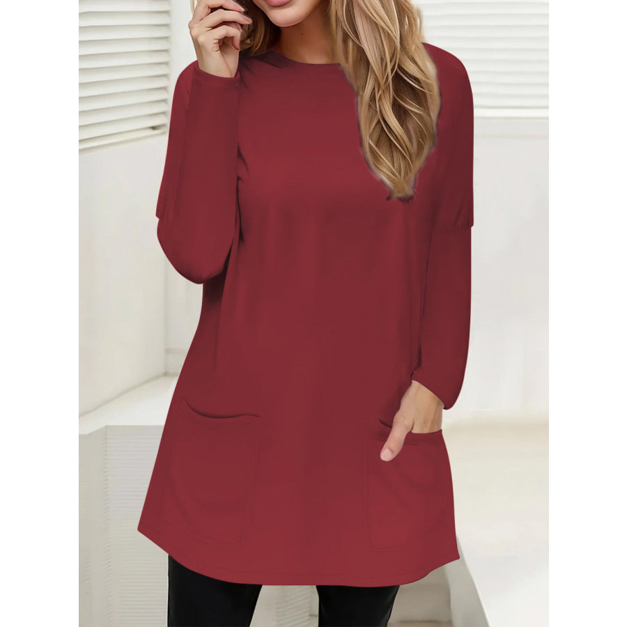 Full Size Pocketed Round Neck Long Sleeve T-Shirt Burgundy / S Apparel and Accessories