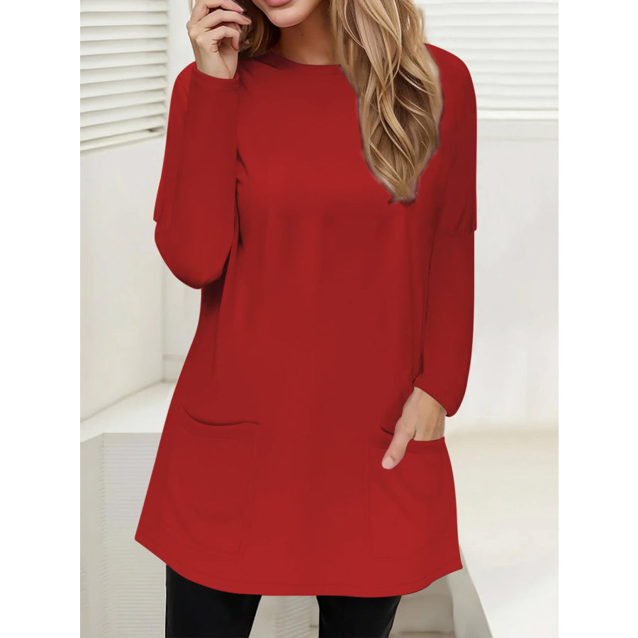 Full Size Pocketed Round Neck Long Sleeve T-Shirt Deep Red / S Apparel and Accessories