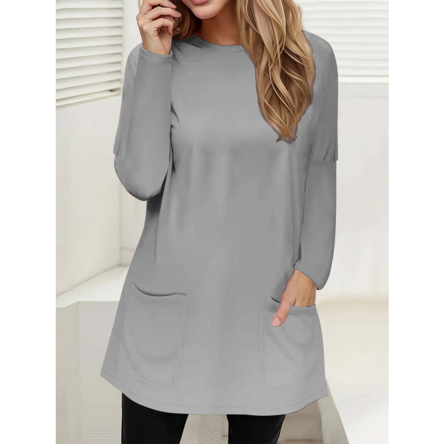 Full Size Pocketed Round Neck Long Sleeve T-Shirt Gray / S Apparel and Accessories