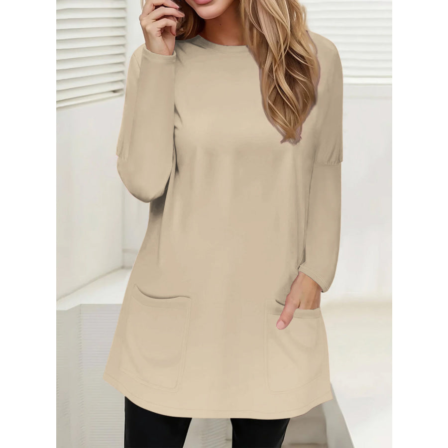 Full Size Pocketed Round Neck Long Sleeve T-Shirt Khaki / S Apparel and Accessories