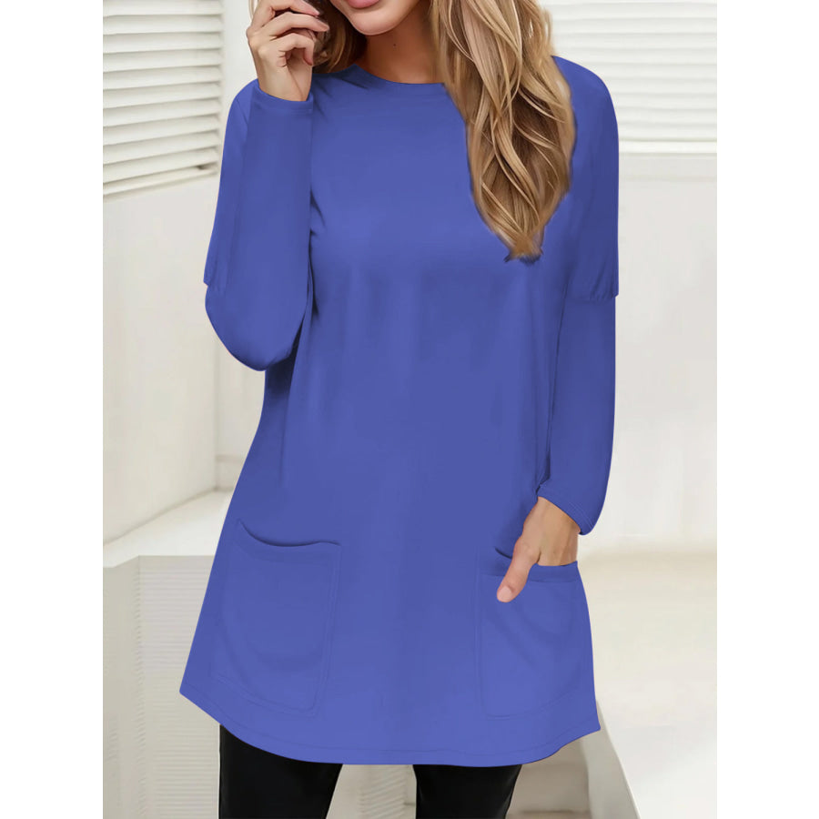 Full Size Pocketed Round Neck Long Sleeve T-Shirt Royal Blue / S Apparel and Accessories