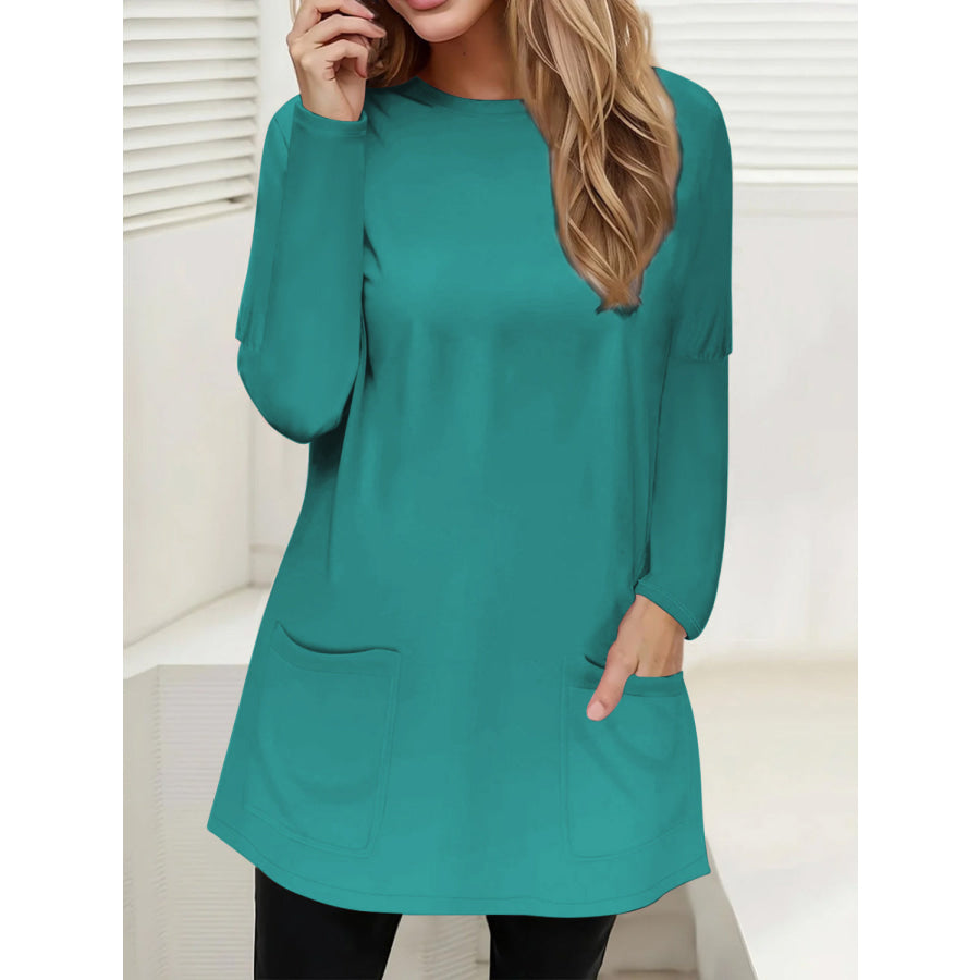 Full Size Pocketed Round Neck Long Sleeve T-Shirt Teal / S Apparel and Accessories