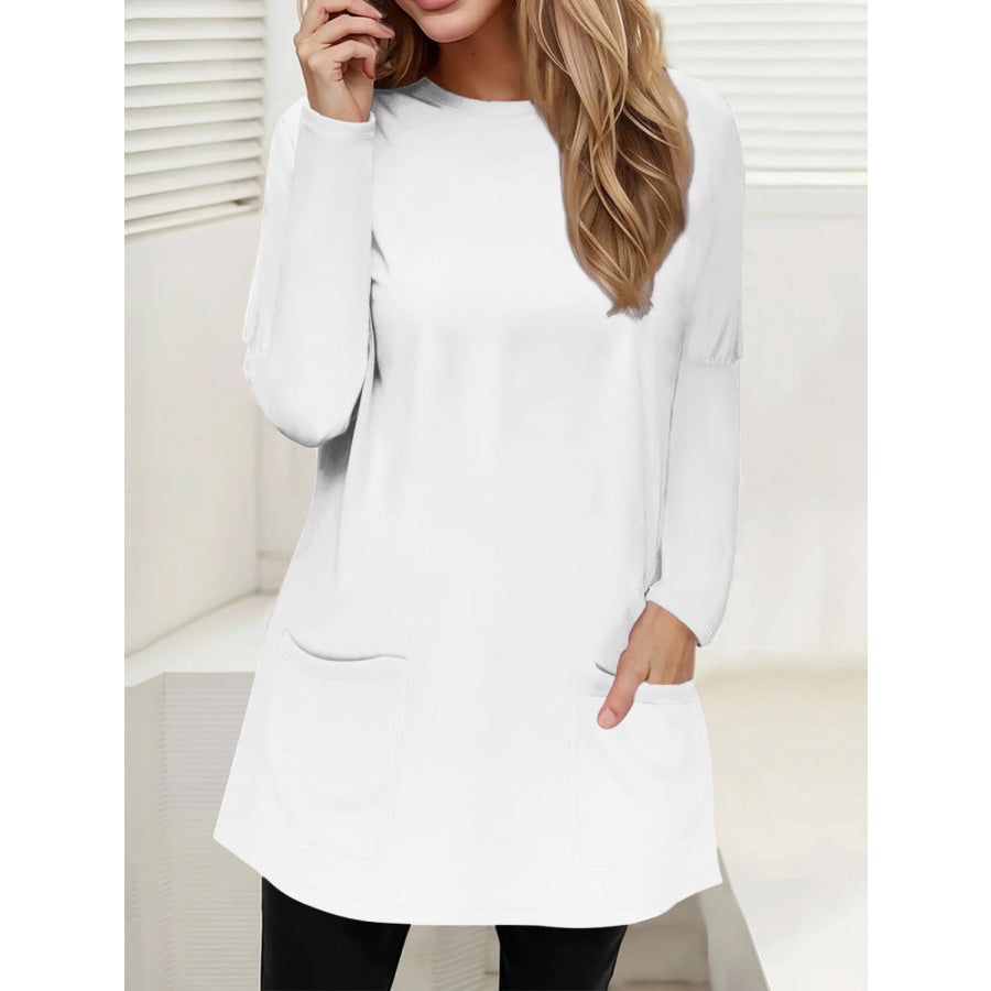 Full Size Pocketed Round Neck Long Sleeve T-Shirt White / S Apparel and Accessories