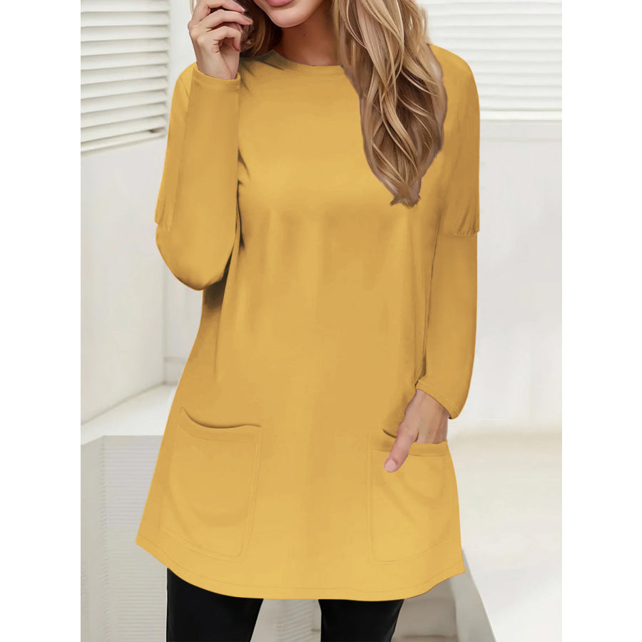 Full Size Pocketed Round Neck Long Sleeve T-Shirt Yellow / S Apparel and Accessories