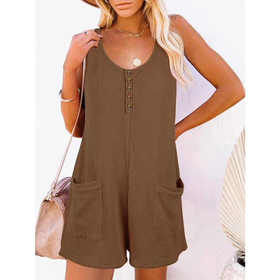 Full Size Pocketed Scoop Neck Sleeveless Romper Taupe / S Apparel and Accessories