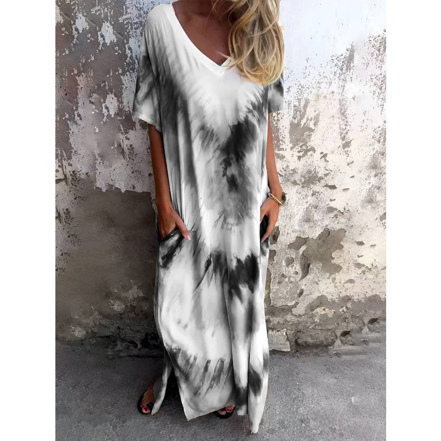 Full Size Pocketed Tie-Dye Short Sleeve Dress Dark Gray / S Apparel and Accessories