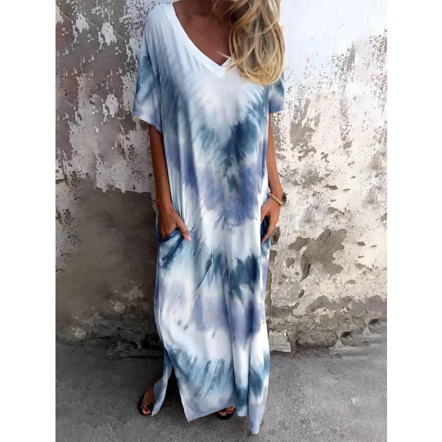 Full Size Pocketed Tie-Dye Short Sleeve Dress Dusty Blue / S Apparel and Accessories