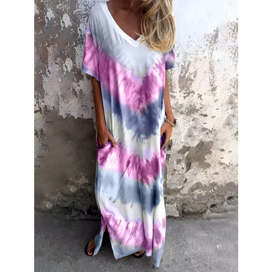 Full Size Pocketed Tie-Dye Short Sleeve Dress Fuchsia Pink / S Apparel and Accessories